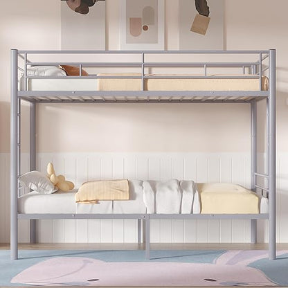 VECELO Metal Bunk Bed Twin Over Twin, Industrial Bunkbeds with Ladder and Full-Length Guardrail, Noise Free, No Boxing Spring Needed, Grey