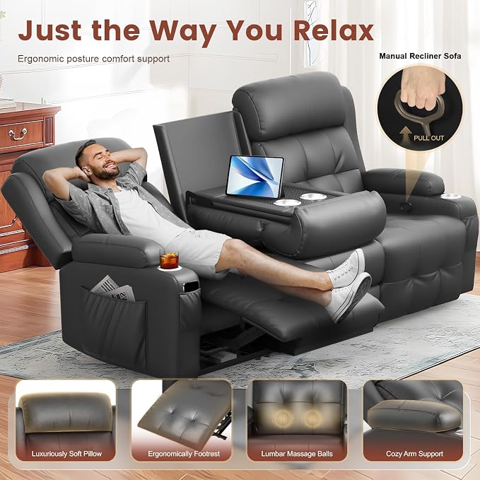 Recliner Sofa, Massage Reclining Sofa 3 Seater Sets Heavy Weight Capacity, RV Loveseat Couch Clearance with Flip Back Console, Storage, Cup Holders, Wall Hugger Reclining Couch for Living Room