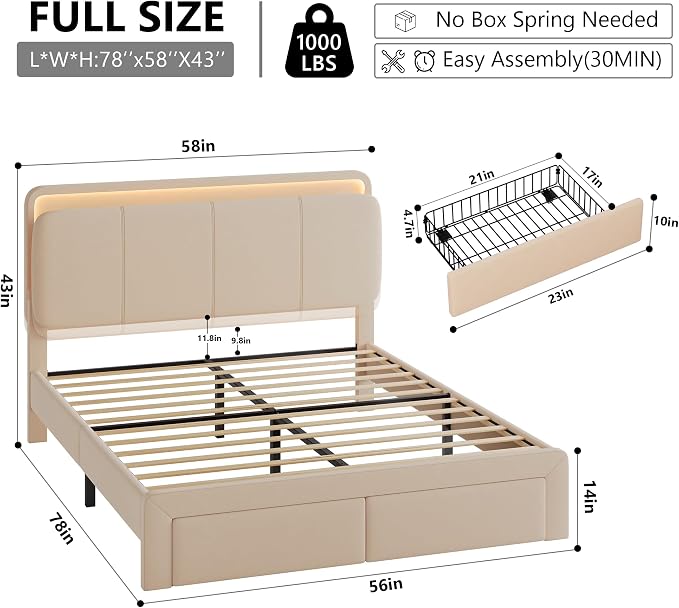 Feonase Full Upholstered Bed Frame with Headboard and 2 Storage Drawers, Built-in Charging Station, Velvet Platform LED Bed with Solid Wood Slat Support, No Box Spring Needed, Beige