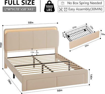 Feonase Full Upholstered Bed Frame with Headboard and 2 Storage Drawers, Built-in Charging Station, Velvet Platform LED Bed with Solid Wood Slat Support, No Box Spring Needed, Beige