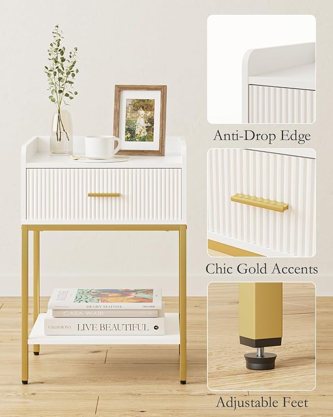Night Stand, 3-Tier Bed Side Table, Small End Table, Nightstand with Open Shelf and Drawer, Bedside Table for Bedroom, Living Room, White