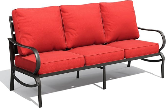 PHI VILLA Metal Patio Sofa with 5.75" Extra-Thick Waterproof Cushion, 3 Seater Deep Seat & High Back Outdoor Couch, All Weather Porch Furniture for Deck Backyard Front Porch Apartment,Rust Red