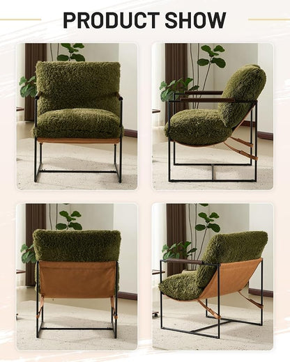 Karl home Modern Metal Frame Accent Chair, Green | Plush Fleece Upholstered, Wood Padded Armrest, 28" Seat Width, Comfy Lounge Armchair for Living Room, Bedroom, Apartment