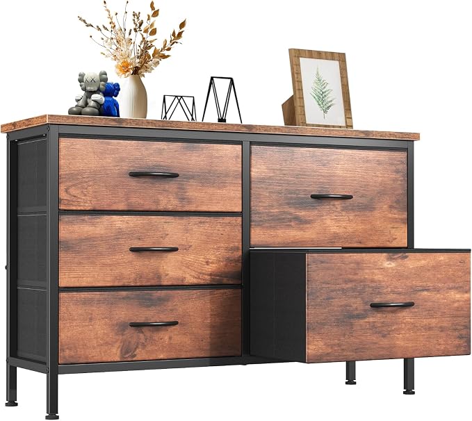 DUMOS TV Stand for Bedroom with 5 Drawers, Storage Chest of Drawers | Fabric Storage Organizers Units with Metal Frame for Books, Hallway, Rust