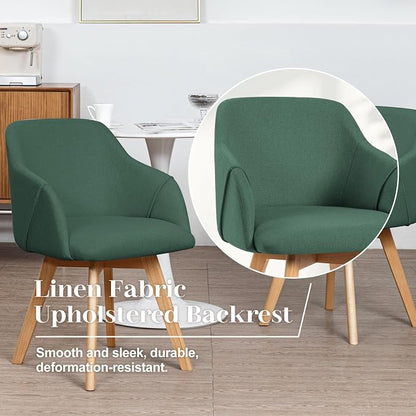 Swivel Dining Chairs Set of 2, Mid Century Modern Dining Chairs with Arms, Wood Legs, Linen Fabric Upholstered Kitchen Chairs for Dining Room Living Room, Comfortable Large Seat, Green