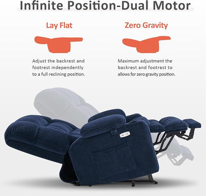 MCombo Small Dual Motor Power Lift Recliner Chair for Elderly, Zero Gravity Lift Chair with Heat and Massage, Lay Flat Recliner for Petite, USB Ports, Fabric R7894 (Small-Wide, Navy Blue)