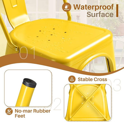 Furmax Metal Dining Chair Indoor Outdoor Use Stackable Classic Trattoria Chair Chic Dining Bistro Cafe Side Metal Chairs Set of 4 (Yellow)