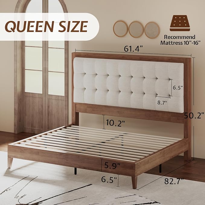 Jocisland Solid Wood Queen Size Bed Frame 50.2" Tall Upholstered Headboard, Mid-Century Style, Stable Platform Support, No Box Spring Needed, Walnut