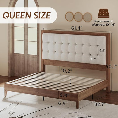 Jocisland Solid Wood Queen Size Bed Frame 50.2" Tall Upholstered Headboard, Mid-Century Style, Stable Platform Support, No Box Spring Needed, Walnut