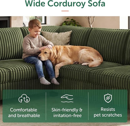 HONBAY Corduroy Convertible Sectional Sofa L Shaped Corner Couch Reversible Sectional Couches for Living Room,Green