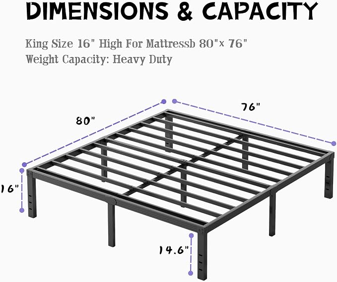 Furnitui 16 Inch High Metal King Bed Frame, Platform King Size Bed Frame No Box Spring Needed, Easy to Install, Noise Free, Sturdy