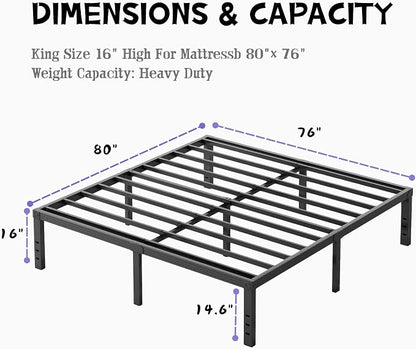 Furnitui 16 Inch High Metal King Bed Frame, Platform King Size Bed Frame No Box Spring Needed, Easy to Install, Noise Free, Sturdy