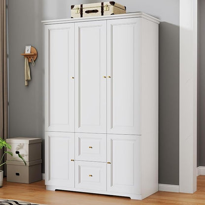 Armoire Wardrobe Closet with Drawers: 74" White Wardrobe with 2 Drawers, 3 Doors Bedroom Armoires with Hanging Rod, Tall Closet Cabinet for Hanging Clothes (47")