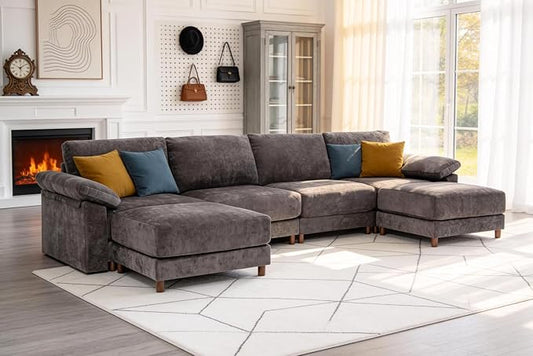 Oversized L Shaped Sectional Couch for Living Room, Extra Large Deep Seat Modular Sectional Sofa with Washable Covers, Modern Cloud Couch for Apartment, Bedroom (Gray, U Shape 6 Seat)