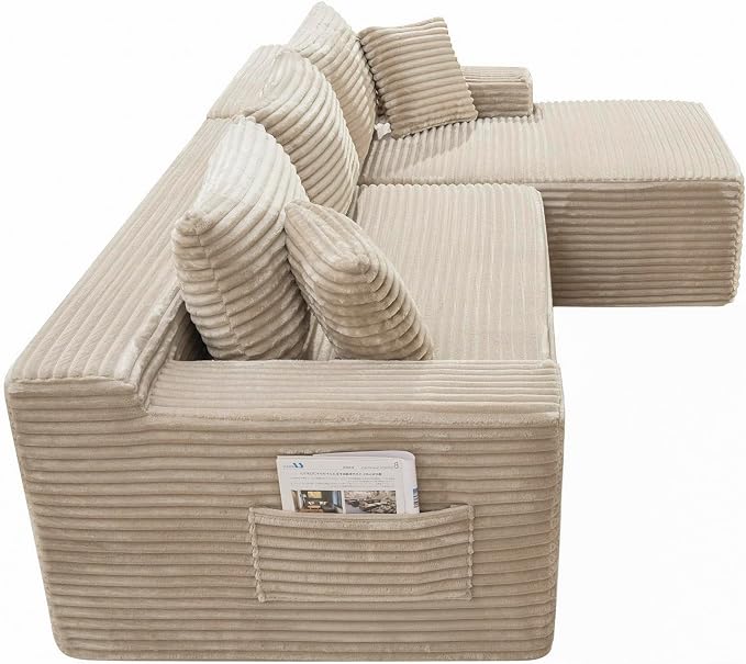 105-Inch L-Shaped Right Facing Corner Compressed Sofa Modular Sectional Boneless Cloud Sofa Floor Foam Couch with Chaise Lounge, Corduroy Corner Boneless Cloud Couch