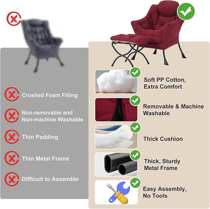 Furlide Lazy Chair with Ottoman, Modern Accent Chairs with Folding Footrest, Burgundy Sofa Chair Set, Comfortable Reading Chairs, Oversized Armchairs for Bedroom, Study, Living Room, Courtyard