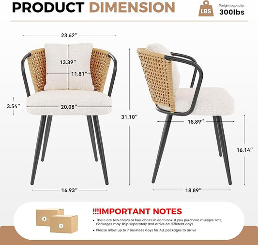Modern Rattan Dining Chairs Set of 6, Upholstered Kitchen Chair with Metal Legs, Ergonomic Curved Backrest, Mid Century Living Room Chairs with Throw Pillow for Home, Natural