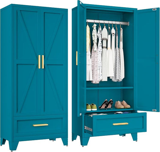 Baborokic Metal Wardrobe Cabinet,71 Armoire Wardrobe Closet with Drawers and Hanging Rod,Metal Armoire with Adjustable Shelves for Closet,Bedroom,Farmhouse Storage Cabinet with Drawer(Blue)
