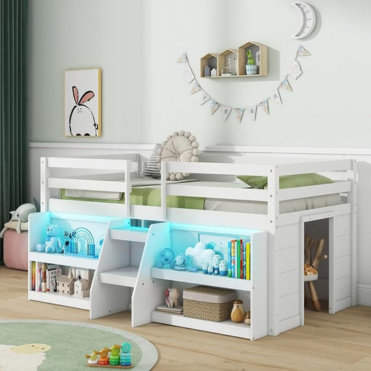 Giantex Twin Loft Bed with LED Lights, Wooden Loft Bed Twin Size with Stairs & Safety Guardrail, Low Loft Bed for Kids with Storage Bookcase and Under-Bed Play Space, White