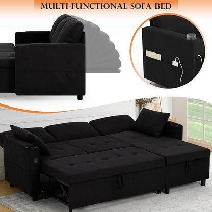 84" Fabric Sleeper Sofa Bed w/Adjustable Backrests, L-Shaped Sectional Sofa Bed w/USB Port & Thickened Cushions, Convertible Pull Out Couch Bed w/Storage Bags for Living Room, Black