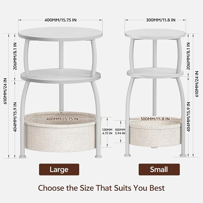 Round Side Table with Storage Basket, End Table Living Room, 15.7in | Side Tables Bedroom, 3-Tier Small End Table for Living Room, Garden, Corner Tables,Small spaces,Wooden, 24in Tall