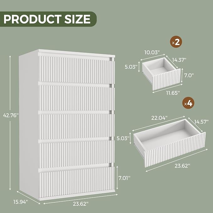 Jocoevol Fluted 6 Drawer Dresser for Bedroom, Modern Wood Chest of Drawers, Tall Storage Dresser with Deep Drawers, Handleless Floor-Standing Dresser for Bedroom, Living Room, Entryway, White