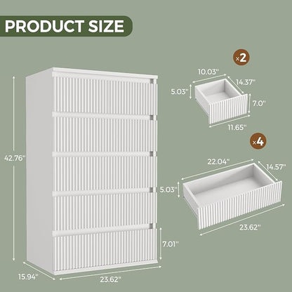 Jocoevol Fluted 6 Drawer Dresser for Bedroom, Modern Wood Chest of Drawers, Tall Storage Dresser with Deep Drawers, Handleless Floor-Standing Dresser for Bedroom, Living Room, Entryway, White