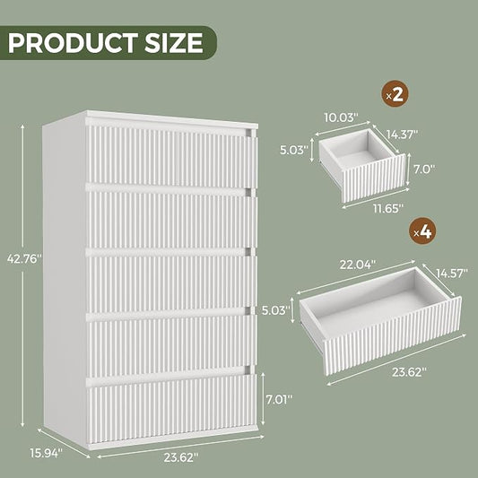 Jocoevol Fluted 6 Drawer Dresser for Bedroom, Modern Wood Chest of Drawers, Tall Storage Dresser with Deep Drawers, Handleless Floor-Standing Dresser for Bedroom, Living Room, Entryway, White