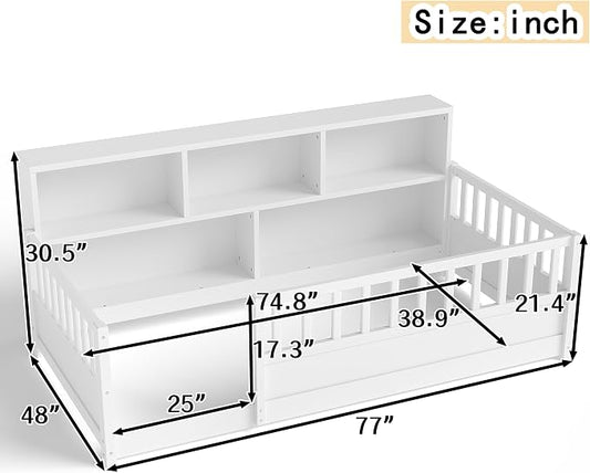 Bellemave Kids Montessori Floor Bed Twin Size,Floor Bed Frame with Bookcase and Fence for Kids Boys Girls,White
