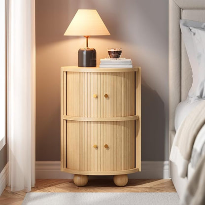 Round Nightstand with Sliding Doors and 2 Storage Shelves, Modern Bedside End Table, Suitable for the Bedroom (Oak)