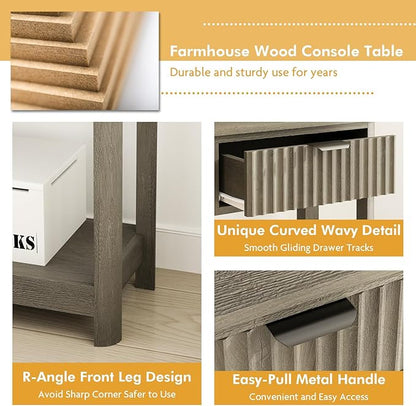 RUSTOWN Fluted Wood Console Table with 3 Drawers, 47.2" Modern Farmhouse Sofa Table & Entryway Table with Open Storage Shelf, Narrow Hallway Table for Living Room, Foyer and Hallway (Washed Oak)