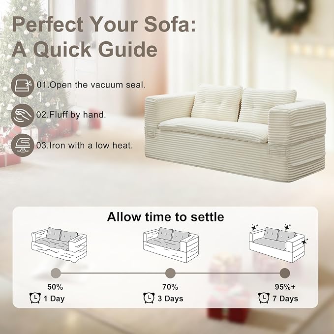 80'' Futon Sofa Bed, King Size Foldable Sleeper Sofa, Corduroy Boneless Loveseat Couch with Chaise Lounge, 3 Pillows, Blanket, Upholstered Sectional Couches for Living Room, Bedroom, Beige