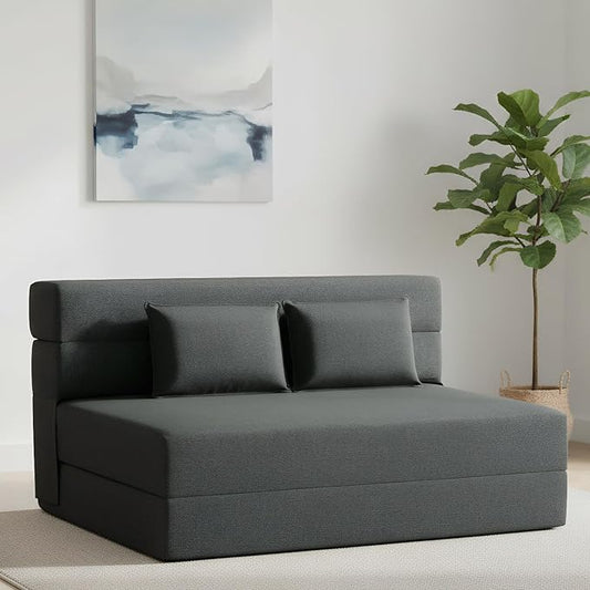 FILUXE Convertible Folding Sofa Bed - Sleeper Chair with Pillow, Modern Linen Fabric Floor & Futon Couch, Foldable Mattress for Living Room/Dorm/Guest Use/Home Office/Apartment, Queen Size, Dark Gray