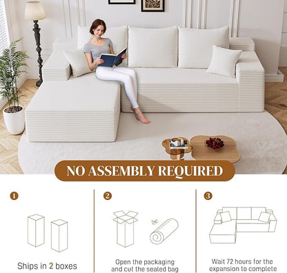 108" L Shaped Boneless Sectional Couches for Living Room, Comfy Corduroy Floor Cloud Sofa with Chaise, Wide Armrest, Deep Seat, Memory Foam, Assembly Free, Ideal for Small Spaces, White