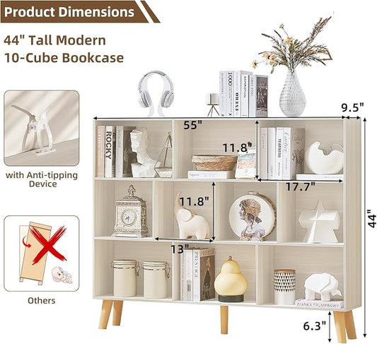 LEYAOYAO 10 Cube Bookshelf, 3 Tier Vintage 55" Wide Bookcase with Legs, Mid-Century Bookshelves Storage, Light Grey White Large Book Case, Freestanding Organizer Display Shelf for Living Room, Office