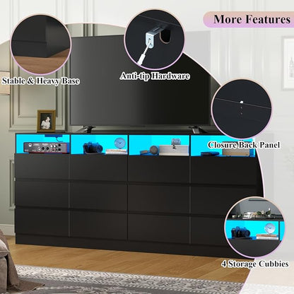 Gyfimoie 63" Wide 6-Drawer Black Dresser with Divided Compartments, Charging Station & LED Lights, TV Stand for TVs up to 75", Large Organizer with 4 Open Cubbies