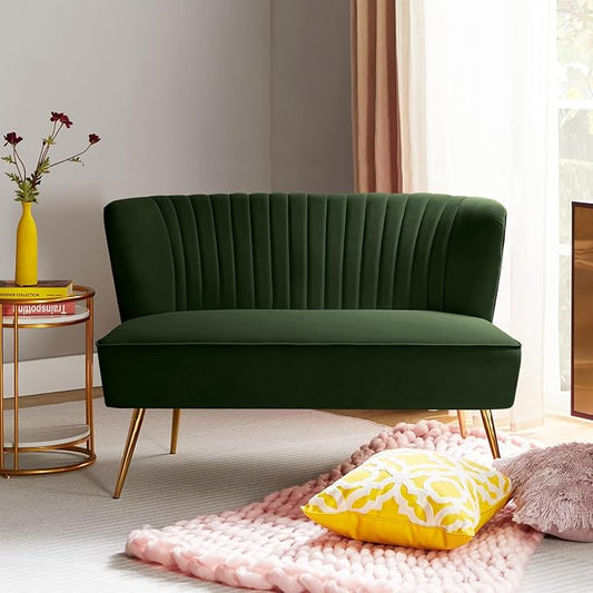 TINA'S HOME Mid-Century Velvet Loveseat Sofa, Upholstered Loveseat Couch with Golden Metal Legs, Small Tufted 2-Seat Sofa Armless Love Seat for Living Room Bedroom, Forest