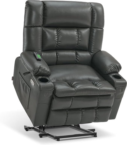 MCombo Small Dual Motor Power Lift Recliner Chair for Elderly, Zero Gravity Lift Chair with Heat and Massage, Lay Flat Recliner for Petite, USB Ports, Faux Leather R7894 (Grey, Small-Wide)