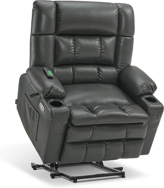 MCombo Small Dual Motor Power Lift Recliner Chair for Elderly, Zero Gravity Lift Chair with Heat and Massage, Lay Flat Recliner for Petite, USB Ports, Faux Leather R7894 (Grey, Small-Wide)