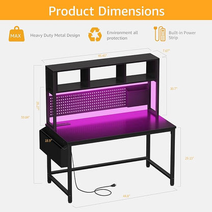 DLisiting Black Gaming Desk with Hutch and Pegboard - 47 Inch Gaming Desk with Shelves Storage Power Outlets, Computer Teen Work Study Writing Desks for Bedroom Home Office