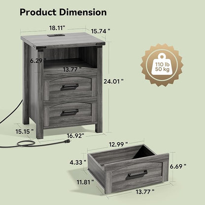 Decofy Farmhouse Nightstand Set of 2 with Charging Station, 18'' Wide Rustic End Table with USB/Type-C Ports, 2 Drawers & Open Shelf, Wood Bedside Table for Bedroom, Grey Oak