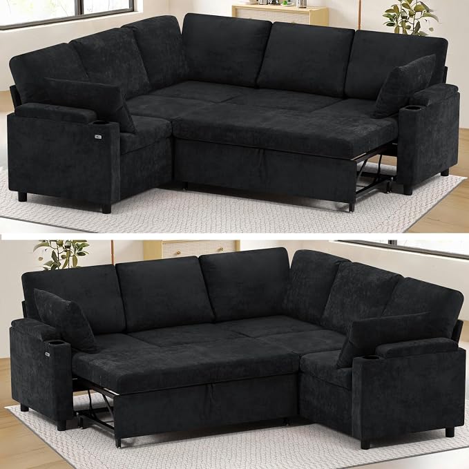 85" Chenille Sectional Sofa w/Pull Out Bed & Storage Space, Black | Upholstery L Shaped Couch w/Cup Holders, Modern Corner Sofa w/USB Charging Port & Throw Pillow for Living Room