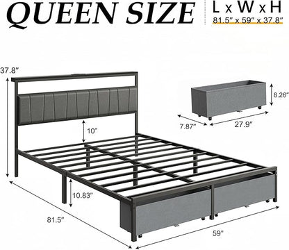 Queen Bed Frame with Storage Drawers and Charging Station, Grey | Upholstered Platform Bed with LED Lights, Headboard Storage Shelf, Noise Free, Metal Support, No Box Spring Needed