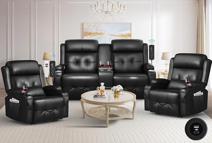 Reclining Loveseat, 1 Massage Loveseat Recliner Sofa Heavy Weight Capacity, RV Love Seat Clearance with Console, USB, Type C Port, Storage, Cup Holders, 2 Single Power Recliner Chairs Heat & Massage