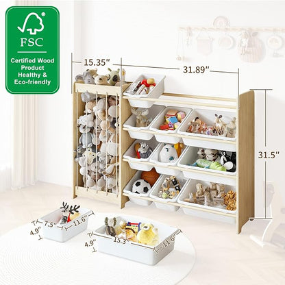 EXPERLAM Kids Toy Storage Organizer, 2-in-1 Stuffed Animal Storage & Toy Organizer w/12 Bins, Solid Wood Toy Rack Featuring Thicker Elastic Ropes to Hold Toys, Playroom Nursery Bedroom Storage, White