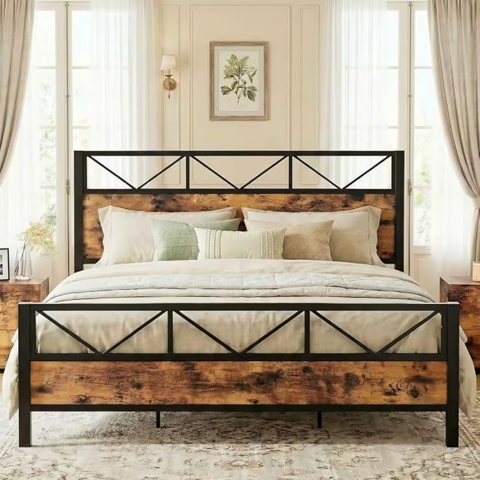 LIKIMIO California King Bed Frame, Tall Industrial Headboard 51.1 ", Platform Bed Frame with Strong Metal Support, Solid and Stable, Noise Free, No Box Spring Needed, Easy Assembly, Vintage Brown