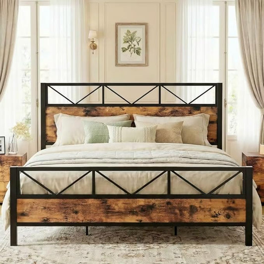 LIKIMIO California King Bed Frame, Tall Industrial Headboard 51.1 ", Platform Bed Frame with Strong Metal Support, Solid and Stable, Noise Free, No Box Spring Needed, Easy Assembly, Vintage Brown