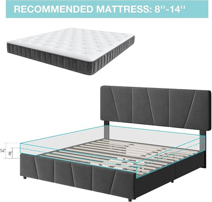 King Size Bed Frame with Upholstered Headboard & 4 Storage Drawers with Wheels, Platform Bed Frame with Wooden Slat Support, Adjustable Headboard, No Box Spring Needed, Noise-Free, for Bedroom