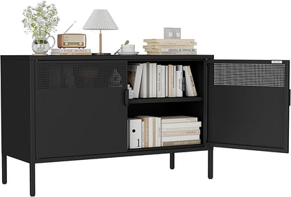 Black 25" H Metal Storage Cabinet, Metal TV Stand with Adjustable Shelf, 2 Door Accent Cabinet, 2-Tier Low Cabinet with Vent Hole, Storage Cabinets for Entryway, Home Office, Music Studio