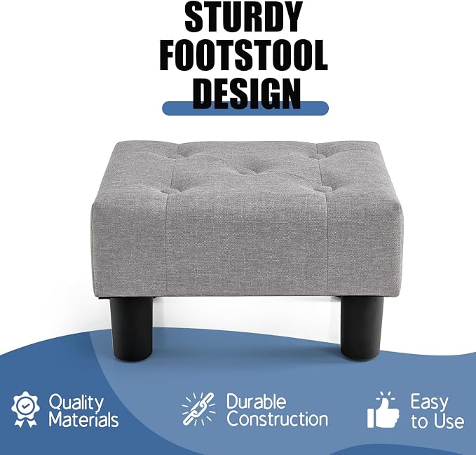 BRIAN & DANY Small Foot Stool, Linen Foot Stools with Legs, Stable Small Footstool for Living Room, Light Gray